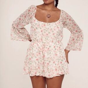 Row A Ivory & Pink Floral Bell Sleeve Romper with Open Tie Back Detail